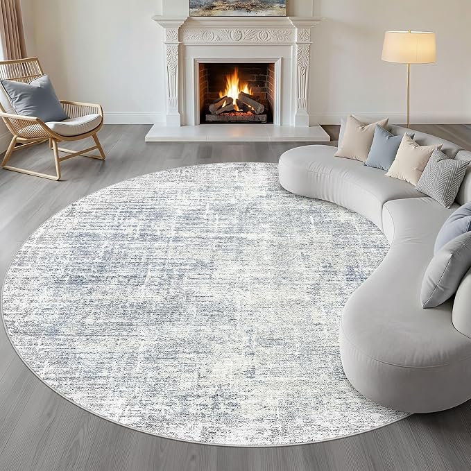 10ft Round Rug Living Room: 10x10 Washable Large Neutral Blue Circle Area Rug Abstract Soft Modern Stain Resistant Indoor Floor Non-Slip Carpet for Bedroom Nursery Kids Office Playroom Dining Room