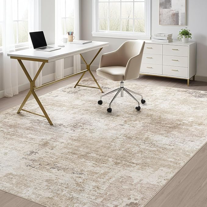 Abstract 5x7 Area Rug: Machine Washable Non Slip Ultra Thin Low-Pile Carpet, Soft Stain Resistant for Living Room Bedroom Nursery, Kid Pet Friendly, Robot Vacuum Compatible - Brown