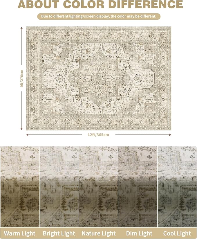 Roxstand Washable Rugs 9x12, Large Area Rugs 9x12 Living Room with Non-Slip Backing, Super-Soft Floral Vintage Rug, Low Pile Area Rug for Bedroom, Dining Room, Office (Ivory/Beige, 9'x12')