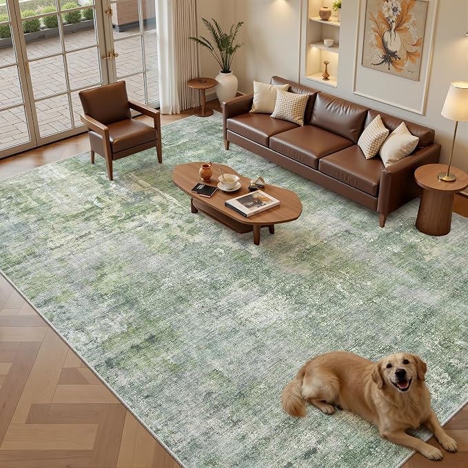 Soalmost 7x10 Area Rug for Living Room Washable Abstract Vintage Soft Thin Indoor Floor Non-Slip Carpet for Bedroom Dining Room Green Ivory