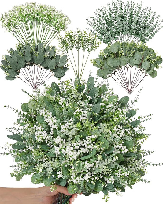 Alecono 100 Pcs 5 Kinds Mixed Artificial Greenery Eucalyptus Stems Bulk, Babys Breath Artificial Flowers and Fake Sliver Dollar Leaves for Centerpieces DIY Bouquet Wedding Home Decor