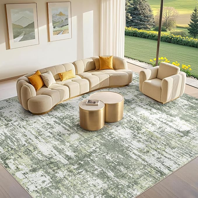 Tortania Area Rug Living Room Rugs - 7x9 Modern Abstract Neutral Large Soft Thin Rugs - Non Slip Indoor Carpet for Bedroom Dining Room Office Nursery Home Floor Decoration - Green