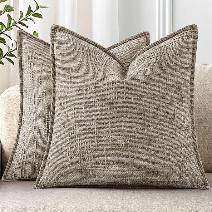 decorUhome Chenille Throw Pillow Covers 16x16 Set of 2, Soft Textured Slubby Modern Decorative Pillow Covers with Elegant Design for Couch, Sofa, Living Room, Oatmeal