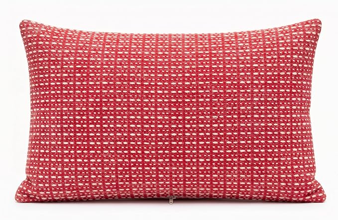 SanVia Cotton Lumbar Pillow Cover 12x20 — Handwoven Jacquard Texture, Fade-Resistant, No Pilling — Hidden Zipper, Decorative Throw Pillow Covers for Couch, Bed — Insert Not Included (Farmhouse, Red)