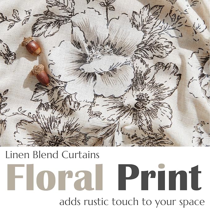 jinchan Linen Floral Tier Curtains 54 Inch Farmhouse Botanic Cafe Curtains Light Filtering Drapes for Small Windows Back Tab Half Window for Kitchen Living Room Bathroom 2 Panels Black