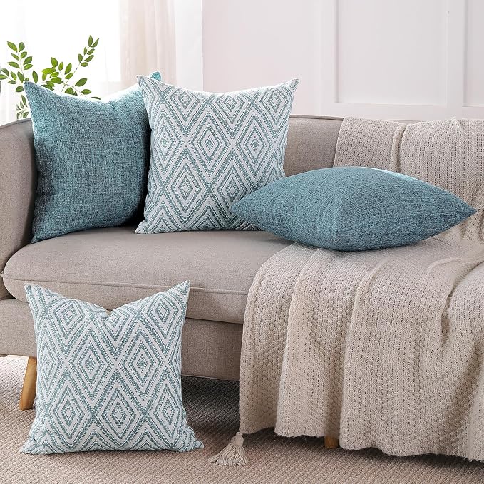 HPUK Throw Pillow Covers 20x20 Inch Set of 4, Blue Linen Decorative Pillow Covers, Accent Cushion Covers for Couch Sofa Bed Bedroom Living Room Décor