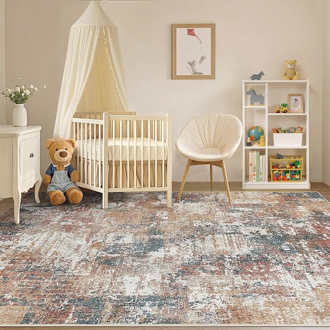 Tortania Washable 9x12 Area Rug for Living Room: Modern Abstract Neutral Large Soft Thin Rugs - Non Slip Indoor Carpet for Bedroom Dining Room Office Nursery Home Floor Decoration - Colorful Multi