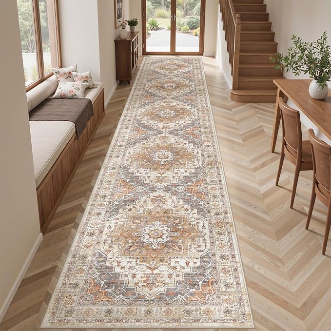 2'6" x 14'Non Slip Runner Rugs - Runners for hallways, Kitchen,Entryway,Stain Resistant Washable Rugs for Bedroom, Indoor Vintage Area Rugs (Turmeric/Grey,2'6" x 14')