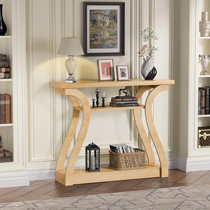 Wooden Console Table with Curved Legs and Shelf, 3-Tier Modern Accent Narrow Sofa Table for Entrance Area, Living Room, Hallway, 47 in Wide Wood Console Table for Entryway (Natural)
