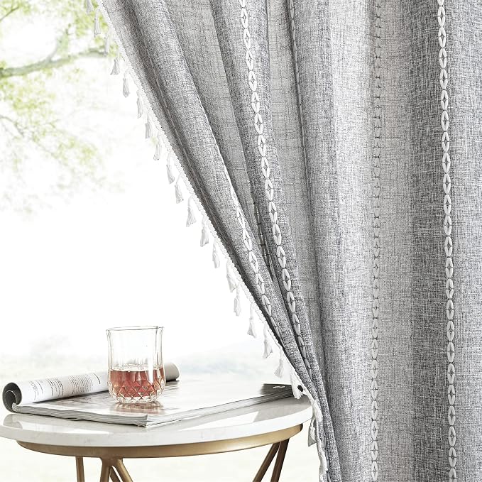 RoomTalks Dark Gray Boho Farmhouse Curtains for Bedroom Living Room 84 Inch Length French Cabin Rustic Country Cute Charcoal Window Curtain Panels Bohemian Chic Tassel Draperies, 84’’L x 52’’W