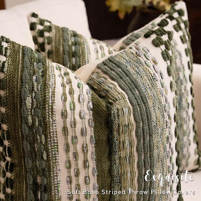 Boho Chenille Tufted Throw Pillow Covers 18x18 Inch Set of 2 Farmhouse Green Woven Striped Decorative Pillowcases for Couch Sofa Bed