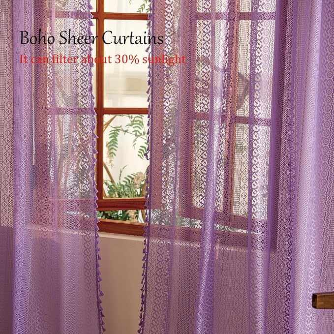 Sutuo Home Lavendar Boho Lace Curtains 72 inch Lengh for Nursery Bedroom, Purple Sheer Curtains Privacy Crochet Vintage Chic Tassels Bohemian Window Treatments Geometry Rod Pocket, 2 Panels 50" W