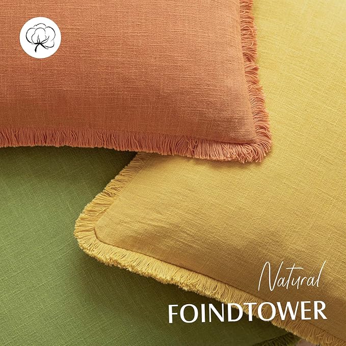 Foindtower Set of 2 Decorative Linen Fringe Throw Pillow Covers Cozy Boho Farmhouse Cushion Cover with Tassels Soft Accent Pillowcase for Couch Sofa Bed Living Room Home Decor,20×20 Inch,Dusty Orange