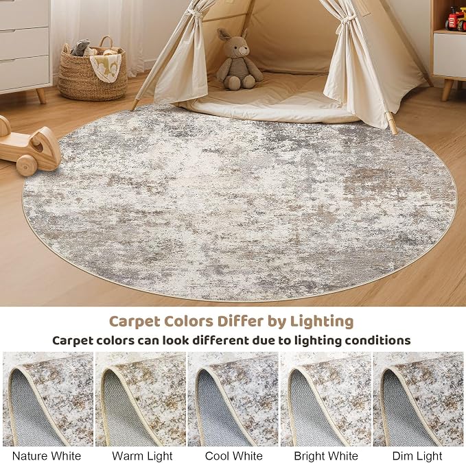 UERMEI 6ft Round Area Rug Living Room Rugs - 6x6 Washable Neutral Modern Abstract Soft Thin Rug Indoor Floor No Slip Rug Carpet for Bedroom Under Dining Table Home Office Decor - Brown Grey
