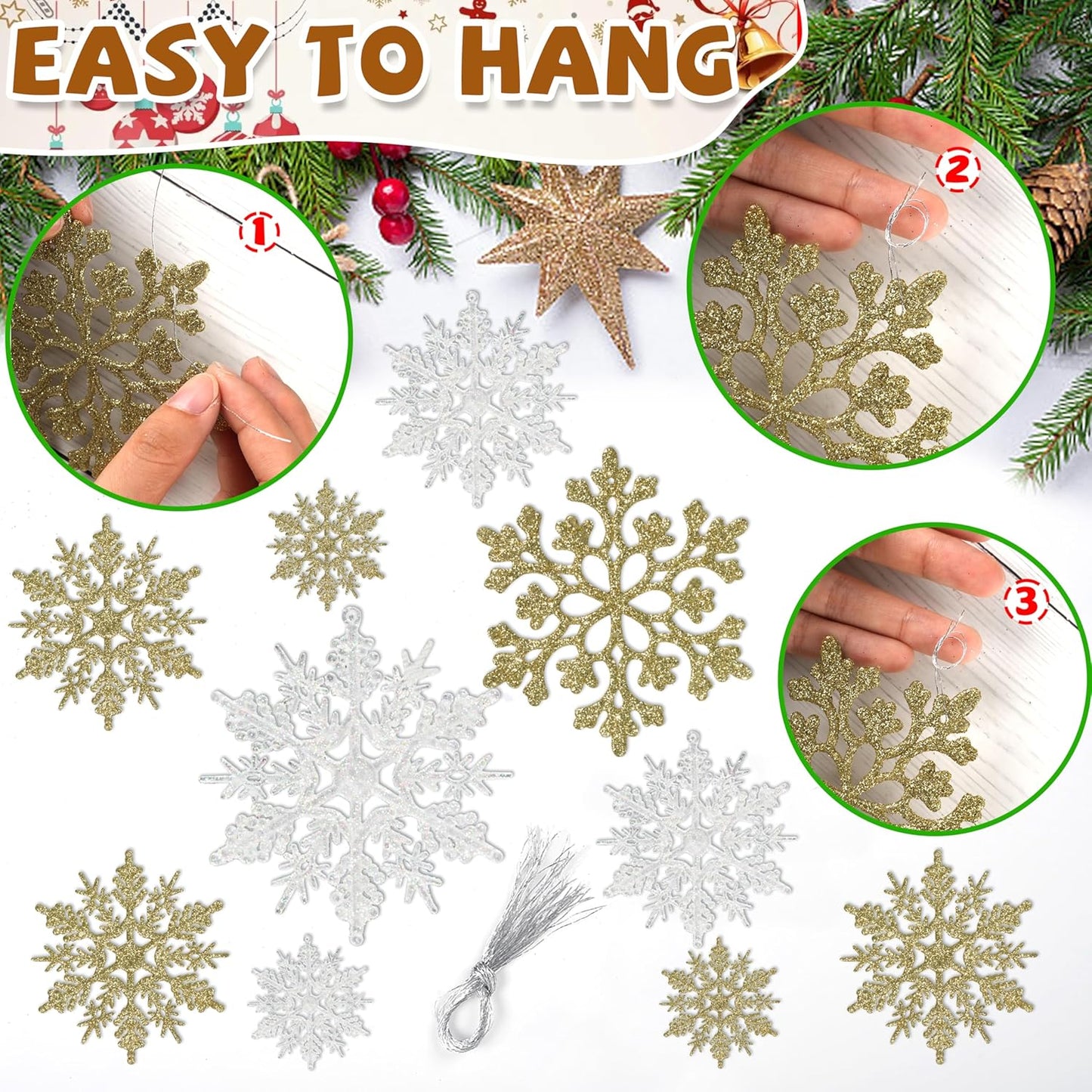 36pcs Snowflakes-Christmas Tree Decorations, Snowflake Ornaments for Tree, Plastic Glitter White Gold Snow Flakes Ornaments, Christmas Indoor Winter Wonderland Frozen Birthday Party Holiday Home Decor