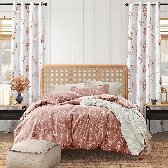 XTMYI Fall Living Room Curtains 63 Inch Length 2 Panels,Floral Design 80% Black Out Block Heat Light Blocking Room Darkening Window Curtains for Bedroom,Burnt Orange and Blue,52x63 Inches Long