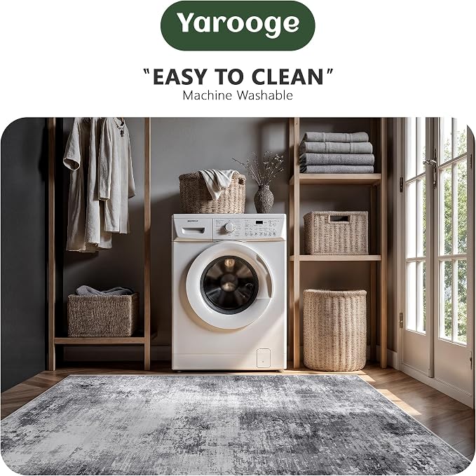 Living Room Rug 6x9, Abstract Modern Ultra Soft Washable Rug, Non Slip Carpet with Rubber Back Stain Resistance Rugs for Bedroom, Dining Room Decor(Black & Grey)