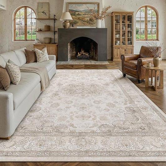 PureCozy Beige Area Rug 9x12 Washable Vintage Living Room Bedroom Carpet Non Slip Soft Low Pile Distressed Medallion Indoor Floor Retro Throw Large Rug for Dining Room Office