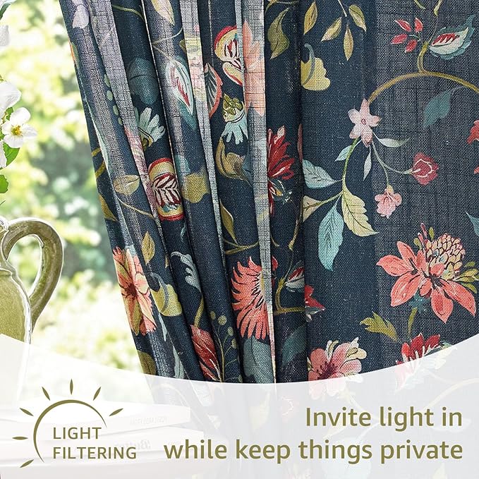 jinchan Hattie Floral Linen Kitchen Curtains 24 Inch Length Vintage Cottage Core Farmhouse Cafe Curtains Light Filtering Small Window Drapes for Living Room Bathroom Rod Pocket 2 Panels Dark Blue