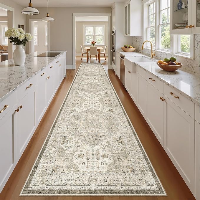 Madane Hallway Runner Rug 2'6''x16' Kitchen Runners Vintage, Ivory/Brown | Long Non-Slip Washable Rugs 16ft for Laundry Room, Entryway and Bedroom, Soft Low Pile Stain-Resistant 2.5x16 Ft Floor Carpet