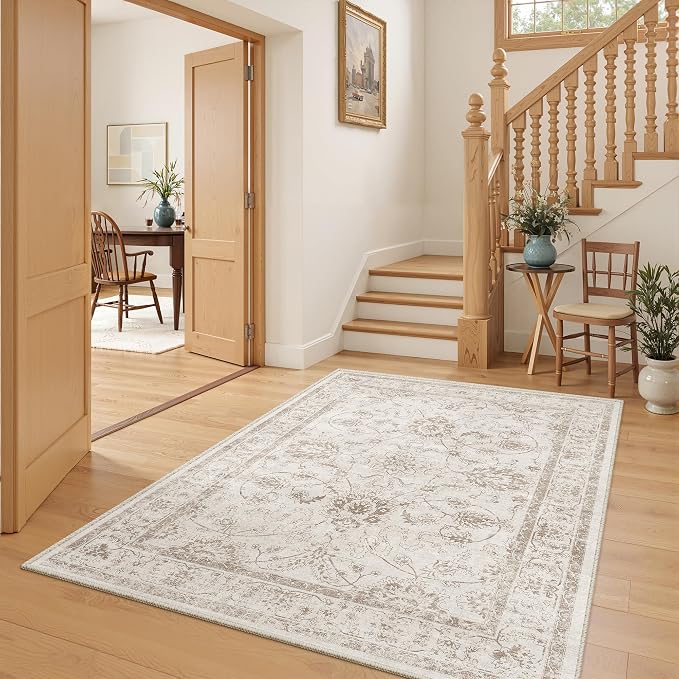 Madane Washable Area Rug 4x6, Low Pile Stain Resistant Vintage Area Rugs, Non Slip Accent Rug Floral Print Indoor Mat for Living Room Kitchen Bedroom, Brown/Ivory