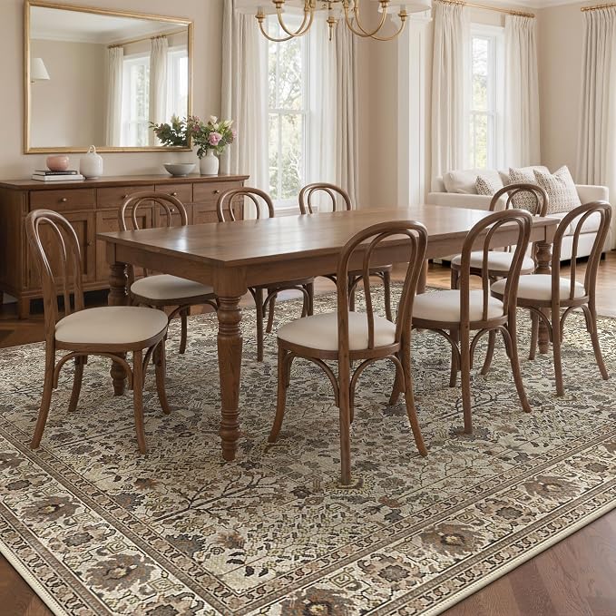Bavni Washable Rugs 9x12-Machine Washable Rug Lightweight Low Pile, Vintage Floral Rug Non-Shedding Distressed Throw Carpet for Living Room Bedroom Office, Dark Dark Espresso