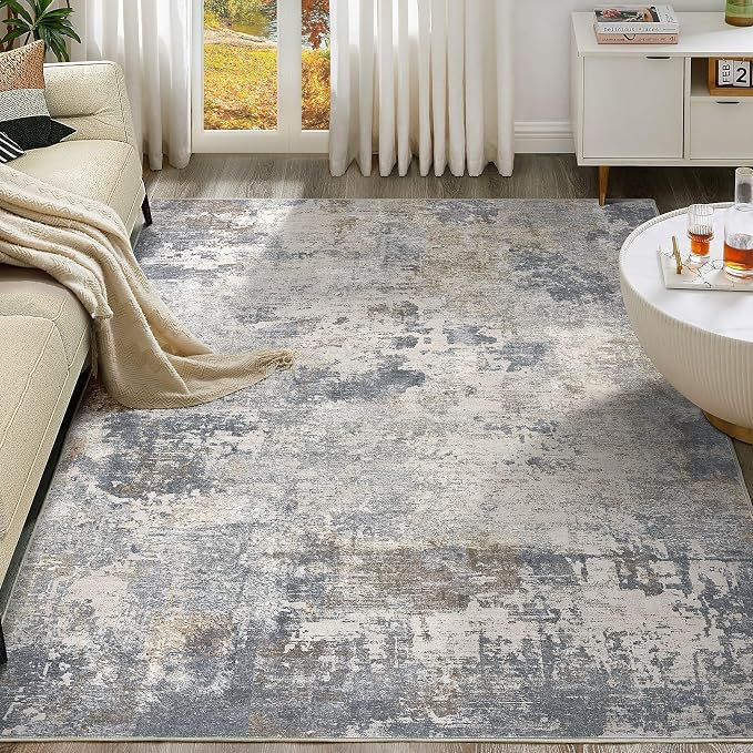 UERMEI 12x18 Area Rug Living Room Rugs - Washable Large Neutral Modern Abstract Soft Thin Rug Indoor Floor No Slip Rug Carpet for Bedroom Under Dining Table Home Office Decor - Blue Grey