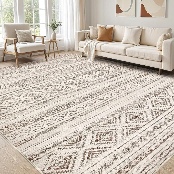 cotiled 8x10 Area Rugs Living Room Rug: Washable Boho Rugs with Non Slip Backing Large Soft Indoor Stain Resistant Carpet for Bedroom Farmhouse Dining Room Lightweight Home Decor Dark Brown