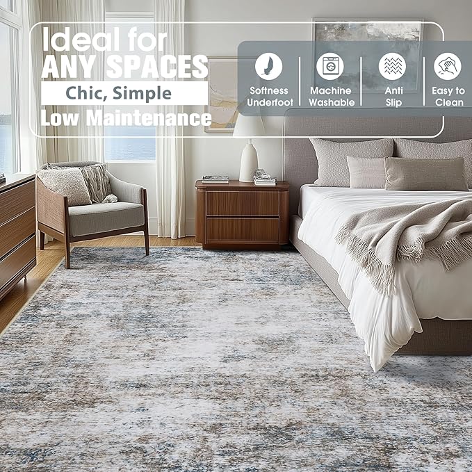 10x14 Area Rugs for Living Room Rug Washable: Abstract Large Rug Indoor Modern Carpet Non Slip for Dining Room Bedroom Nursery Home Office White Brown Blue