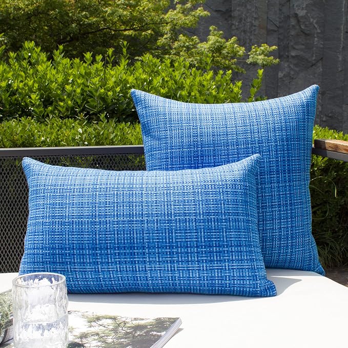 Kevin Textile Outdoor Waterproof Throw Pillow Covers 12x24 Inch Pack of 2 Woven Faux Linen Farmhouse Decorative Water Resistant Lumbar Cushion Covers for Tent Patio Garden Couch Sofa Blue
