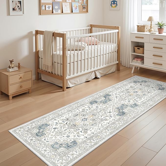 Runner Rug 2'x6' Washable Vintage Area Rugs for Hallway Non Slip Laundry Rug Runner Boho Floor Carpet Runners for Entryway Laundry Room Kitchen Bathroom (2'x6',BeigeBlue)