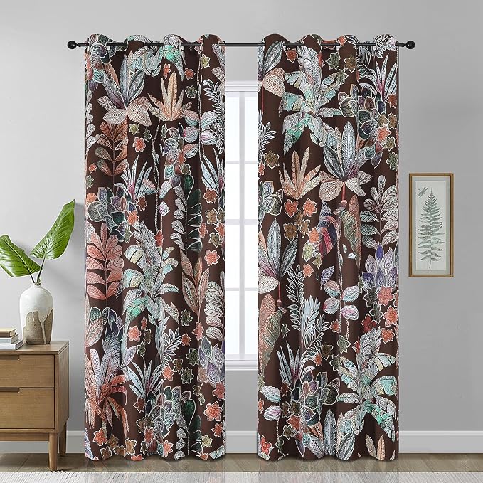 Estelar Textiler Brown Boho Floral Blackout Curtains 96 Inches Length Drapes for Living Room,Grommet Abstract Leaf Pattern Drapes for Bedroom with Noise Reduction,52x96 Inch (2 Panels)