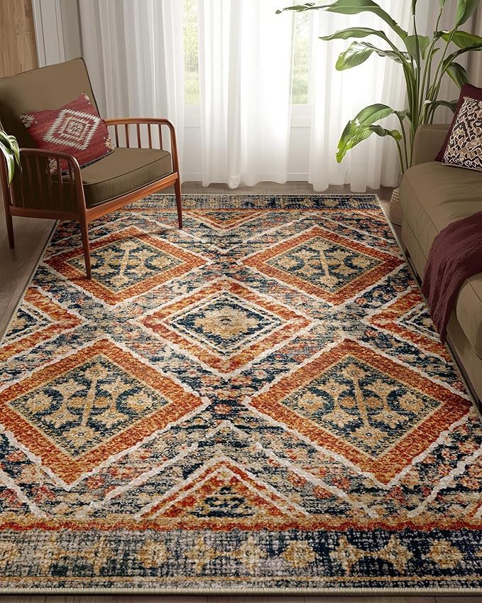 BESTSWEETIE Area Rug 5x7 Machine Washable Non-Slip Low Pile Print Pattern Western Rug for Living Room Bedroom Entryway Tribal Series - Orange/Brown