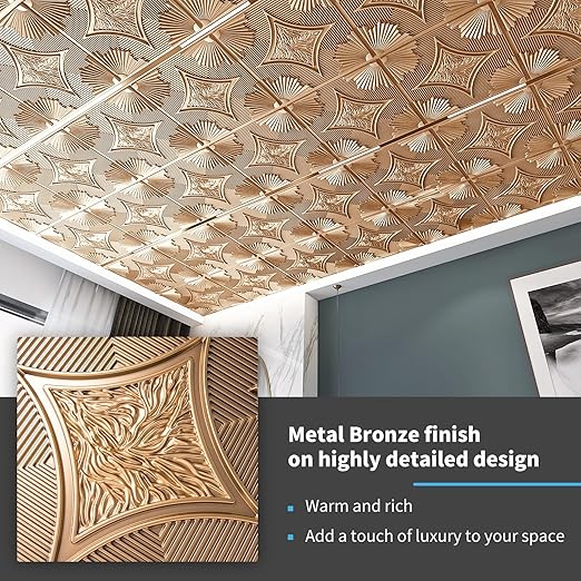 Art3d Drop Ceiling Tiles 24x24 in Bronze (24-Pack, 96 Sq.ft), 3D Wainscoting Panels Glue Up 2x2