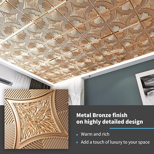 Art3d Drop Ceiling Tiles 24x24 in Bronze (12-Pack, 48 Sq.ft), 3D Wainscoting Panels Glue Up 2x2