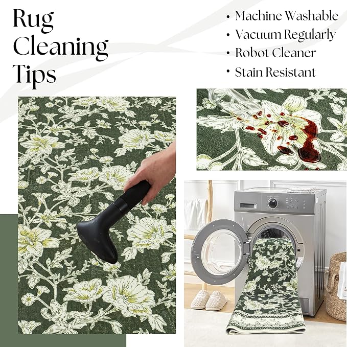 Olive Green Floral 5x7 Area Rug Vintage Boho Washable Printed Rug for Living Room Non-Slip Soft Bedroom Cottagecore Farmhouse Carpet for Dining Room Nursery Dark Green and Cream Beige Sketch Style