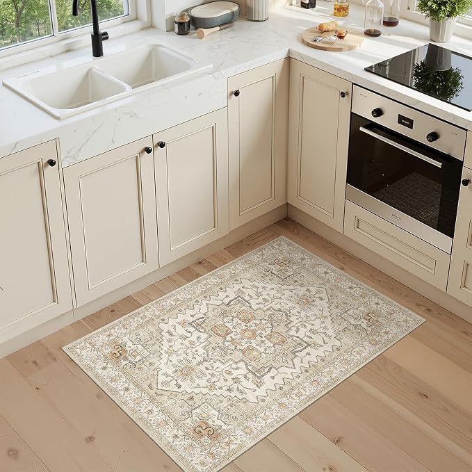 2x3 Entryway Rug Washable Area Rug 2x3, Small Non-Slip Vintage Door Mat, Low Pile Floor Carpet for Bedroom Kitchen Entry(2'x 3',Gold)