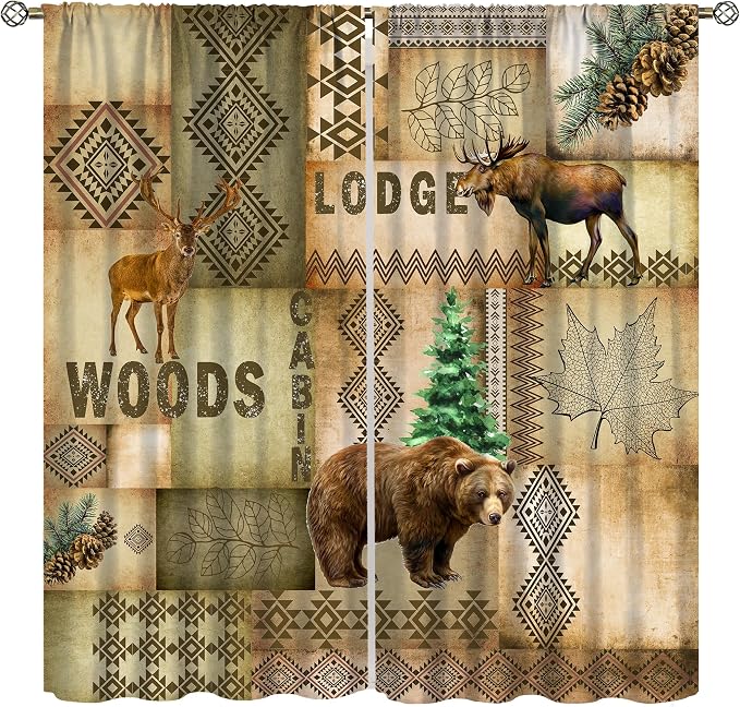 Country Bear Deer Blackout Curtains for Kitchen Vintage Farmhouse Plaid Hunting Forest Lodge Wildlife Bear Elk Pinecone Lake Window Treatments for Farmhouse Bedroom Living Room 72x63in