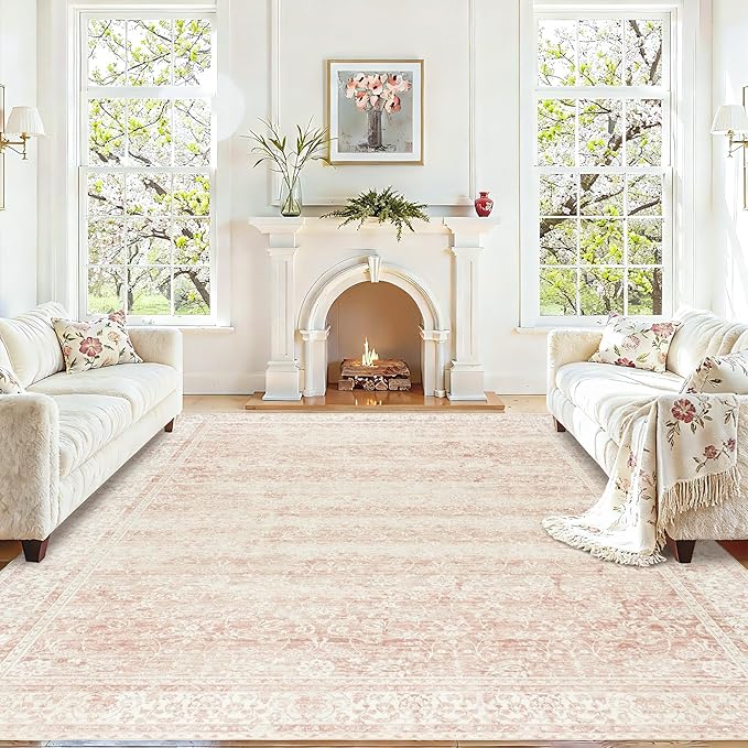 Pink Area Rug for Living Room Low Pile Soft 8 x 10 Carpet with Non Slip Washable Neutral Boho Floral Rugs for Hardwood Floor Protector Extra Large Area Rugs 8x10 for Big Nursery Bedroom Livingroom