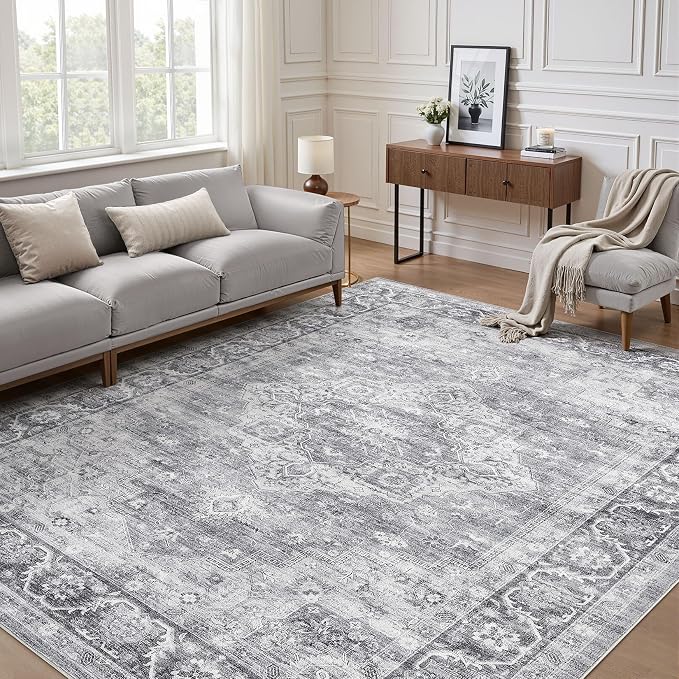 6x8 Area Rug Living Room: Washable Boho Large Neutral Vintage Soft Rug Stain Resistant Farmhouse Non-Slip Indoor Floor Carpet for Bedroom Nursery Kids Playroom Office Dining Room- Gray
