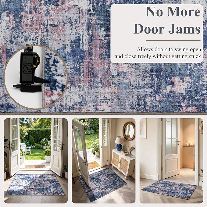 Sasttie 2x6 Soft Runner Rug for Entryway, Modern Abstract Washable Carpet for Hallway, Kitchen and Laundry Room, with Non-Slip Backing, Pink and Blue