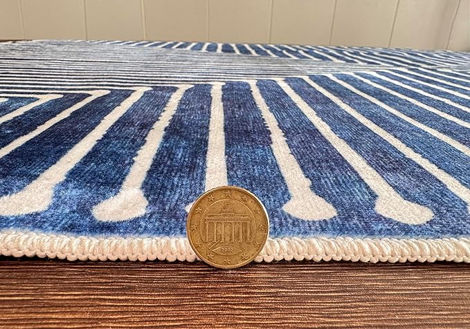 GLN Rugs Contemporary Collection - Machine Washable Area Rug, Contemporary Washable, Non Slip, Low Pile Chenille Rug, Living Room, Bedroom, Kitchen Rug (6' x 9' Lines Blue)