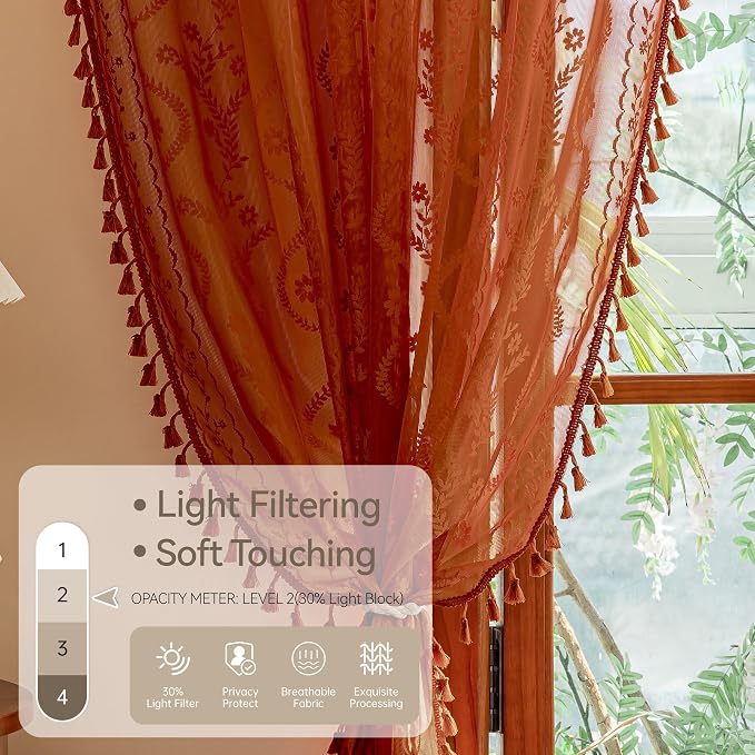 WAZZIO Boho Lace Curtains 72 Inch 2 Panels-Vintage Sheer Panel Drape Floral Pattern & Tassel Light Filtering Privacy for Bedroom Dining Living Room,Cottage Earthy Full Decor Terracotta,W52 x 72L