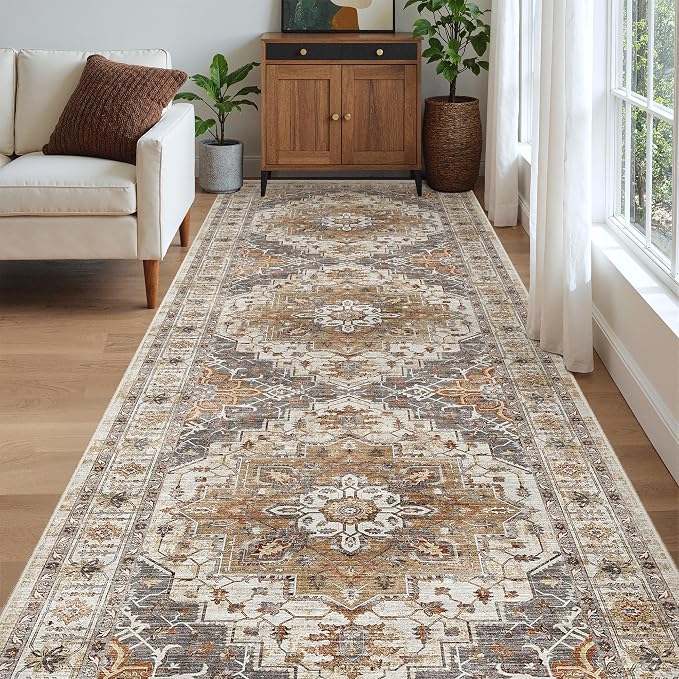 Madane 4x12 Wide Hallway Runner Rug Washable for Living Room, Turmeric/Grey | Soft Stain Resistant Ktichen Runners 12ft, Vintage Non Slip Low Pile Area Rugs, Thin Floor Carpet for Bathroom Dining Bedroom