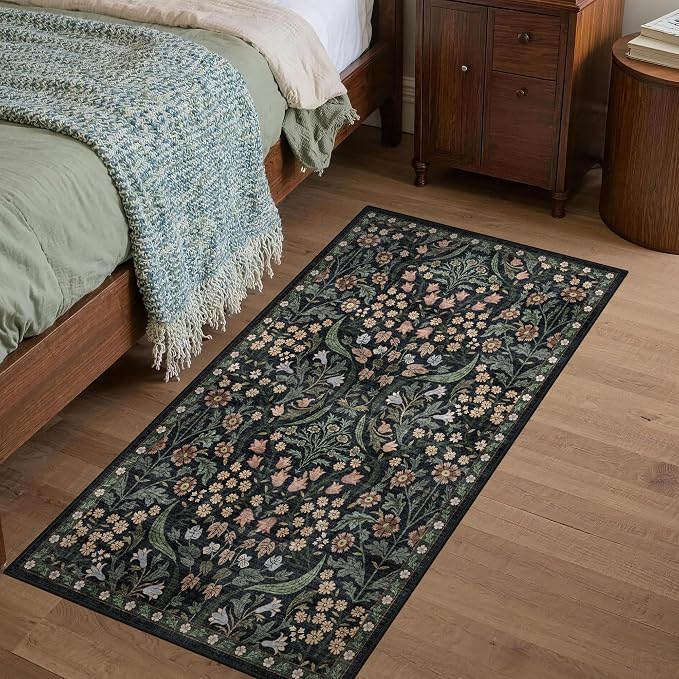 2x4 Washable Runner Rug Kitchen Hallway Area Rug Vintage Boho Floral Ultra Non-Slip Low Pile Soft Faux Wool Carpet Kids and Pets Friendly for Bathroom Bedroom Entryway Nursery Home Rug Black