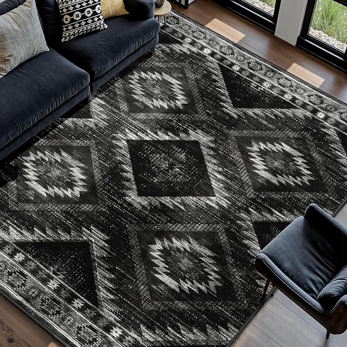 BESTSWEETIE Area Rug 5x8 Rug Machine Washable Non-Slip Low Pile Print Pattern Western Rug for Living Room Bedroom Entryway Tribal Series-Black