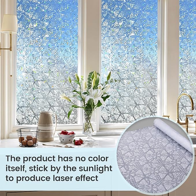 KESPEN Frosted Glass Window Privacy Film, Decorative Frost Window Clings for Home and Office, 97% UV Blocking Window Stickers, Rainbow Film Door Covering Hexagonal Pattern, 17.5 Inch X 6.5Feet