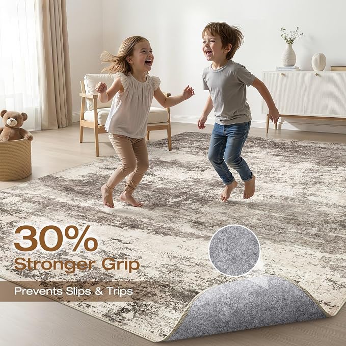 8x10 Area Rugs Living Room: Washable Large Neutral Rug Abstract Soft Modern Stain Resistant Indoor Floor Non-Slip Carpet for Bedroom Nursery Kids Office Playroom Dining Room Under Table- Mocha Brown