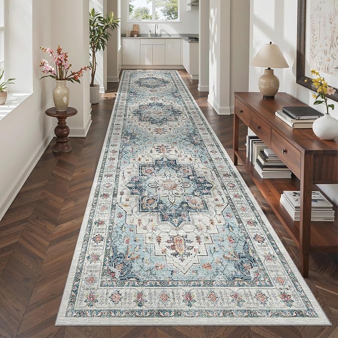 Madane Hallway Runner Rug 3x12 Washable Kitchen Runners 12ft, Blue | Vintage Non Slip Area Rugs for Hallways, Soft Low-Pile Thin Farmhouse Wide Floor Carpet for Entryway Foyer Bathroom Bedroom