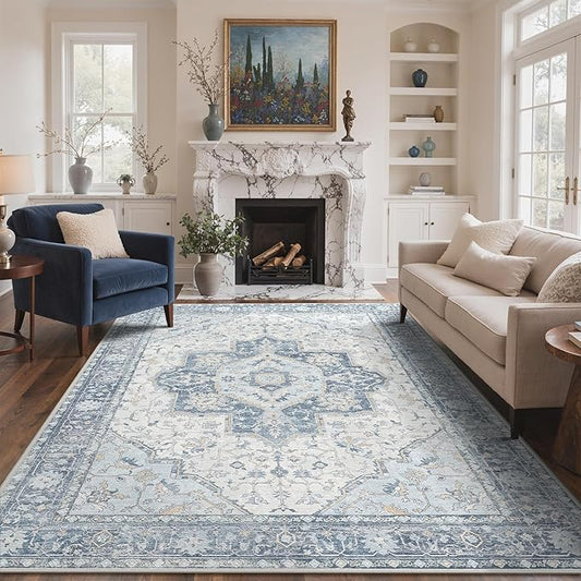 GENIMO 5x7 Area Rugs for Living Room, Machine Washable Non Slip Vintage Rugs, Low Pile Lightweight Chenille Print Rug for Bedroom, Dining Room, Home Office, Light Blue